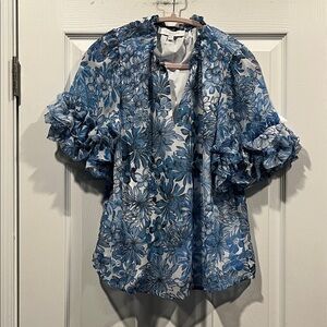 Sugarlips Blue and White Floral Ruffle Blouse‎ Short Ruffle Sleeves Flirty